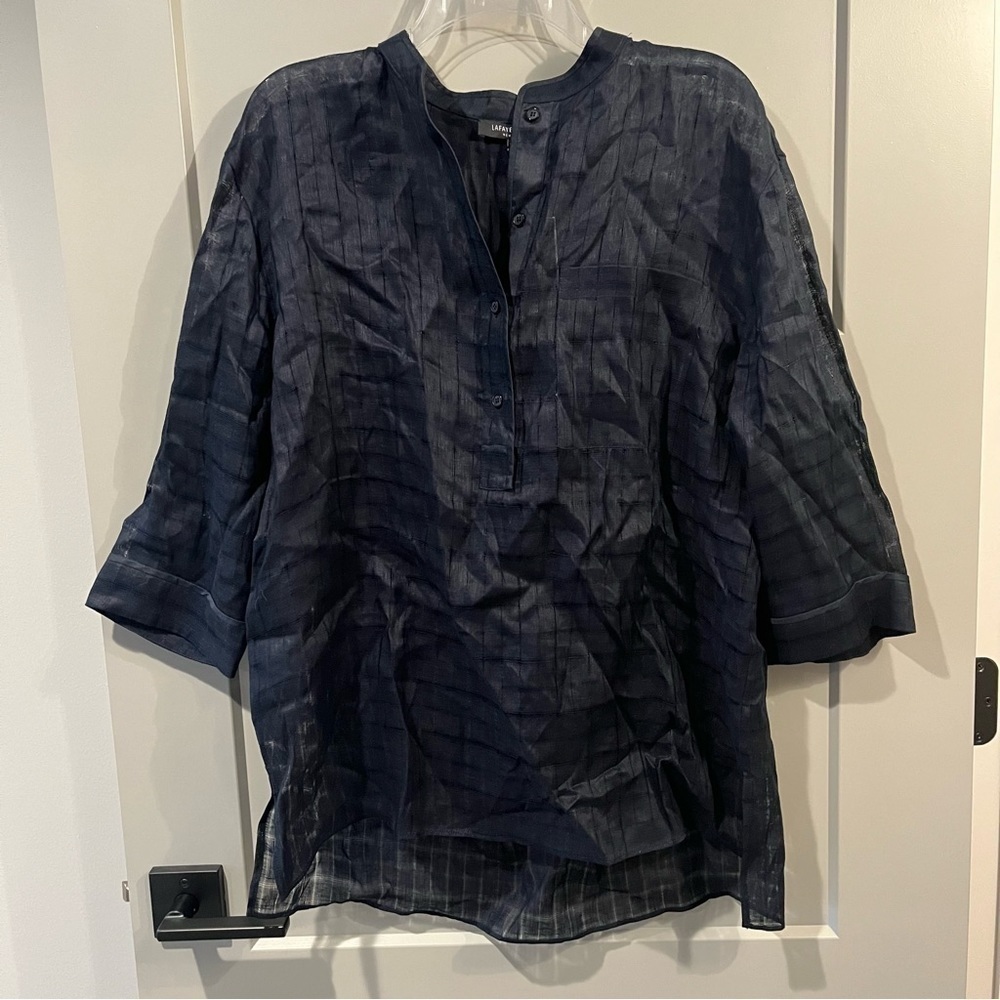 NWT Lafayette 148 Large Ink Navy Blue Linen Sheer Half Button Blouse 3/4 Sleeves